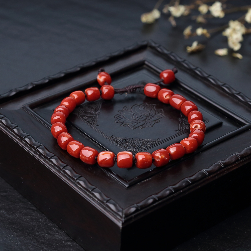 日本天然正红珊瑚桶珠手链-红掌柜