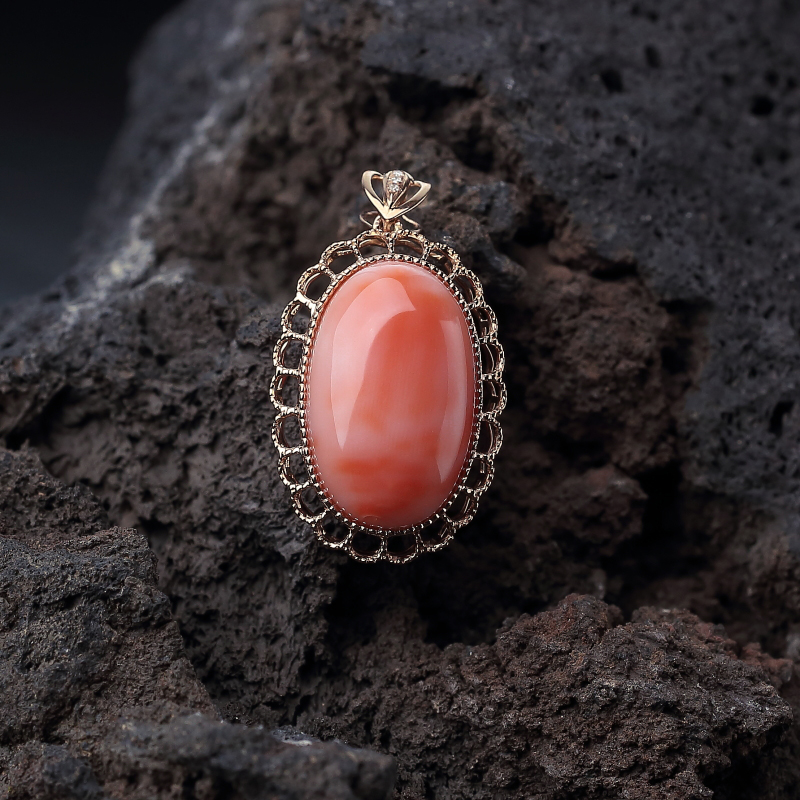 18K金镶钻天然MISU粉红珊瑚吊坠-红掌柜