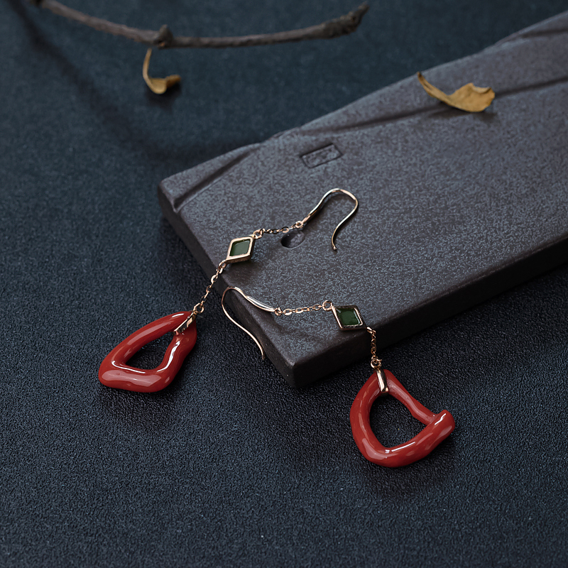 18K金镶钻朱红珊瑚耳坠-红掌柜