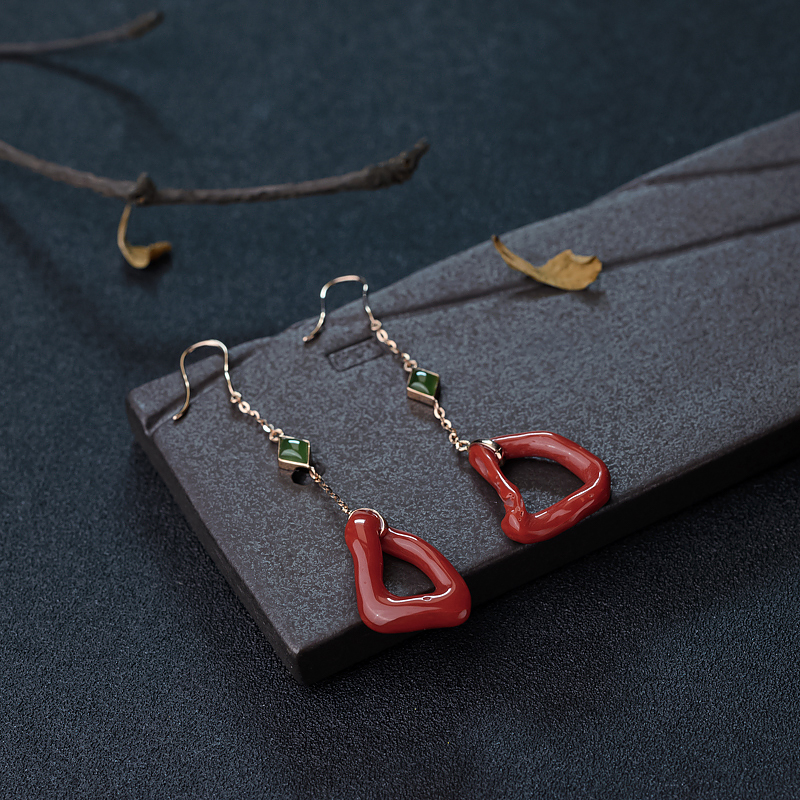 18K金镶钻沙丁珊瑚耳坠-红掌柜