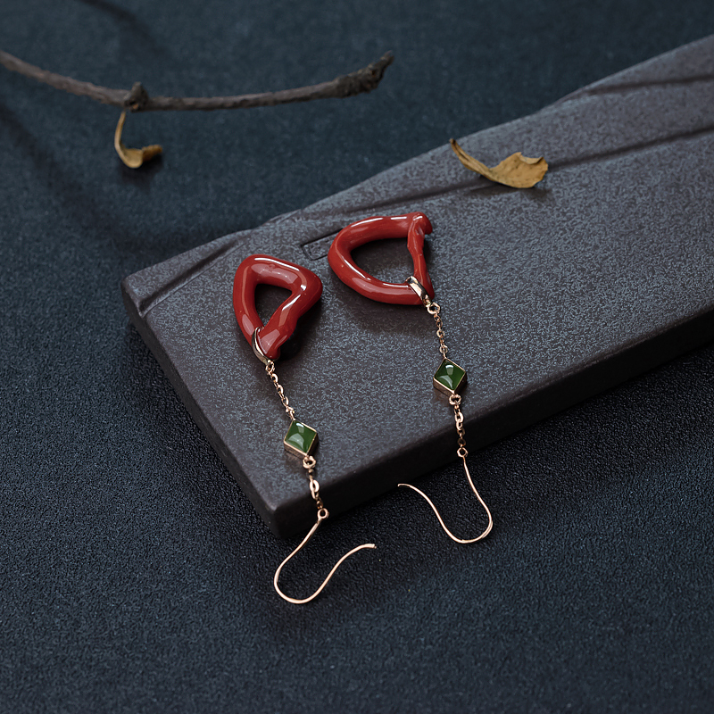 18K金镶钻珊瑚耳坠-红掌柜