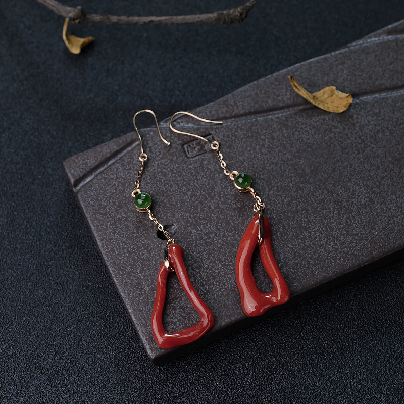 18K金镶钻沙丁朱红珊瑚耳坠-红掌柜