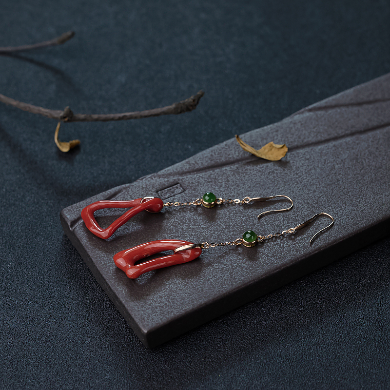 金镶钻沙丁朱红珊瑚耳坠-红掌柜