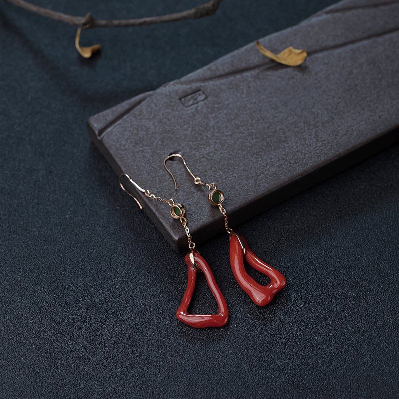 18K金镶钻朱红珊瑚耳坠-红掌柜