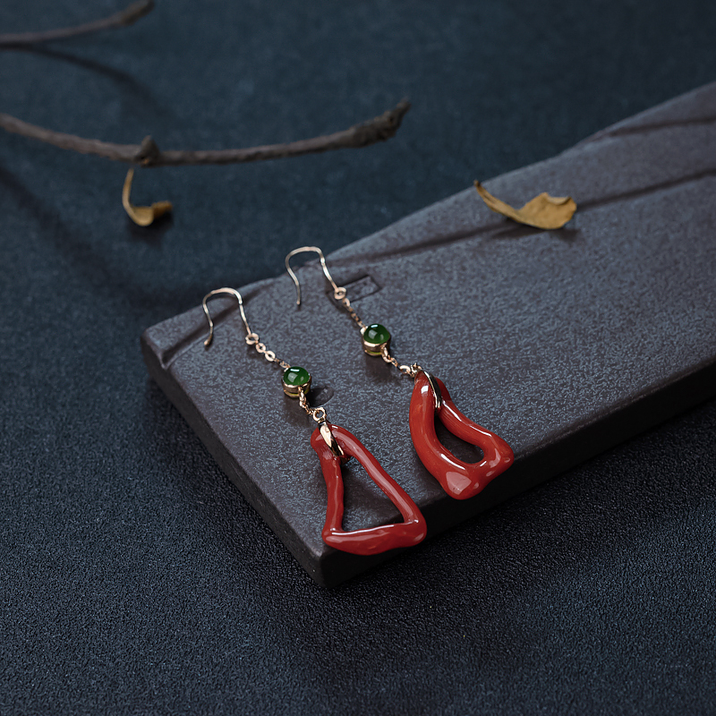 18K金镶钻沙丁珊瑚耳坠-红掌柜