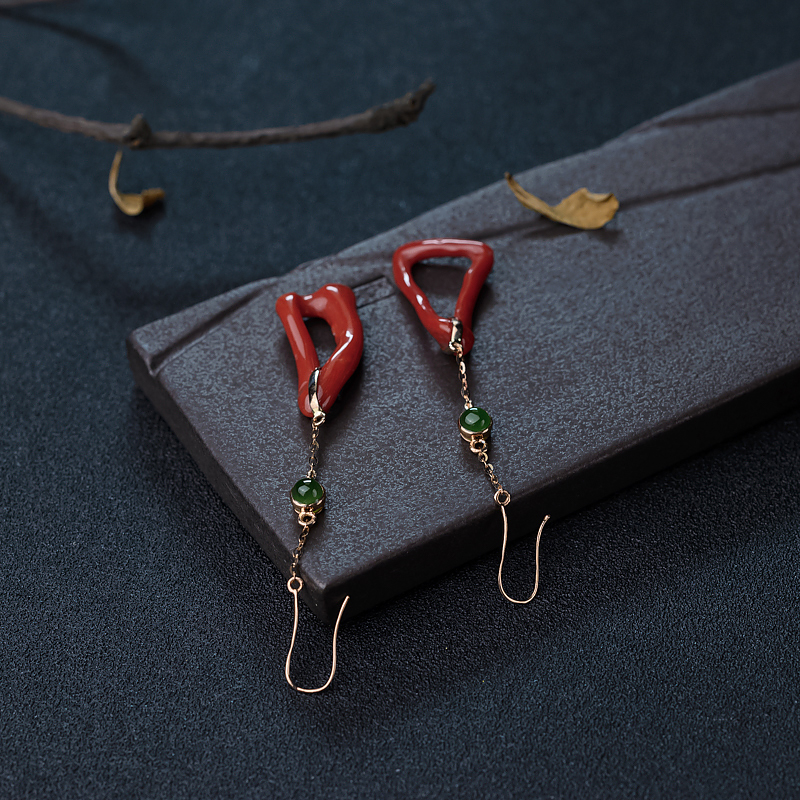 18K金镶钻珊瑚耳坠-红掌柜