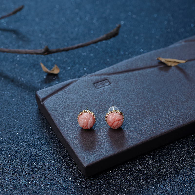 18K金镶深水粉红珊瑚耳钉-红掌柜