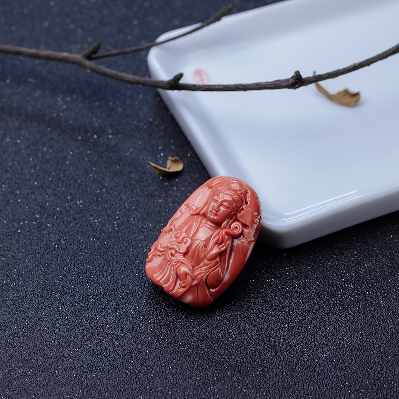橘色珊瑚观音吊坠-红掌柜