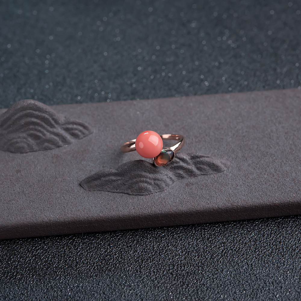 18K金镶MISU橘色珊瑚戒指-红掌柜