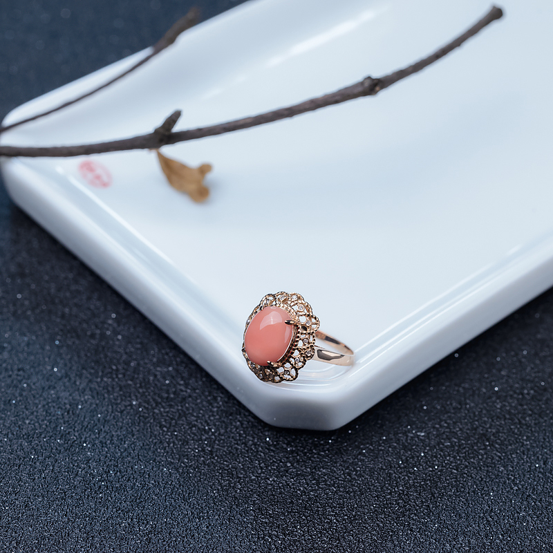 金镶钻深水粉红珊瑚戒指-红掌柜