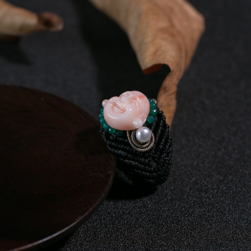 天然深水珊瑚佛头编织戒指-红掌柜