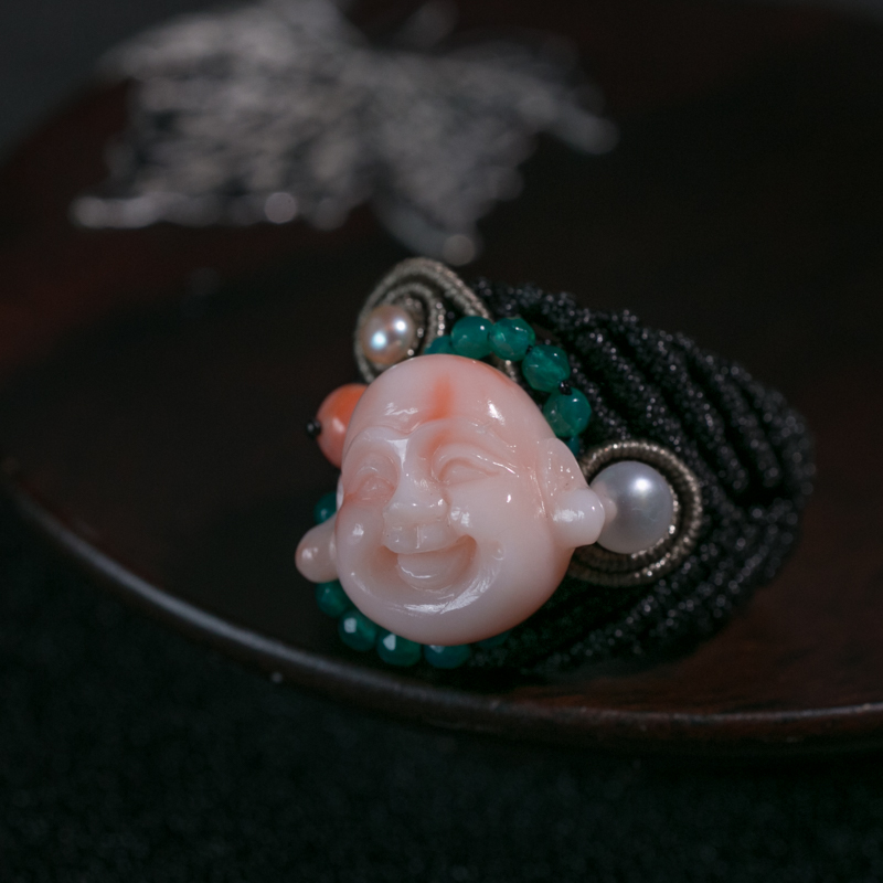 台湾天然珊瑚佛头编织戒指-红掌柜