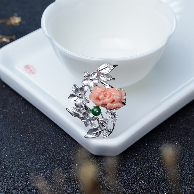 银镶深水珊瑚胸针吊坠两用款-红掌柜