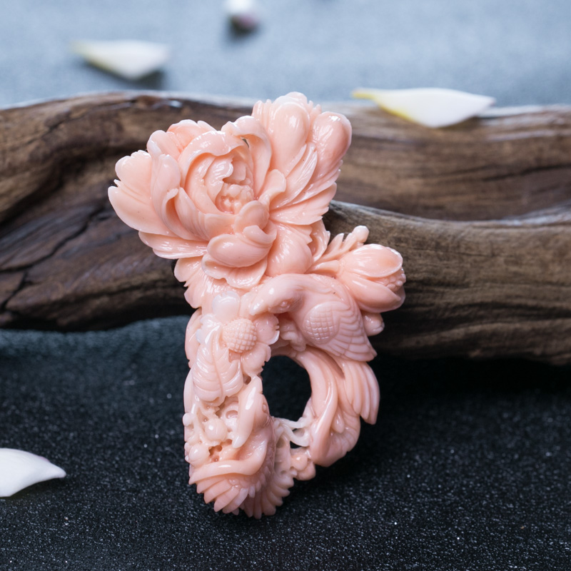 深水珊瑚鸟语花香戒面-红掌柜