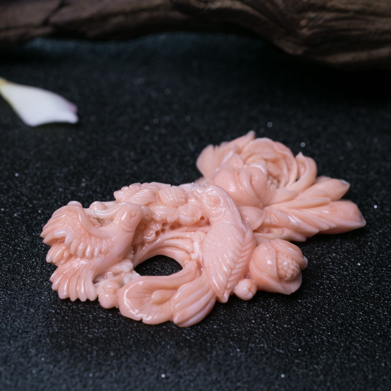 天然珊瑚鸟语花香戒面-红掌柜