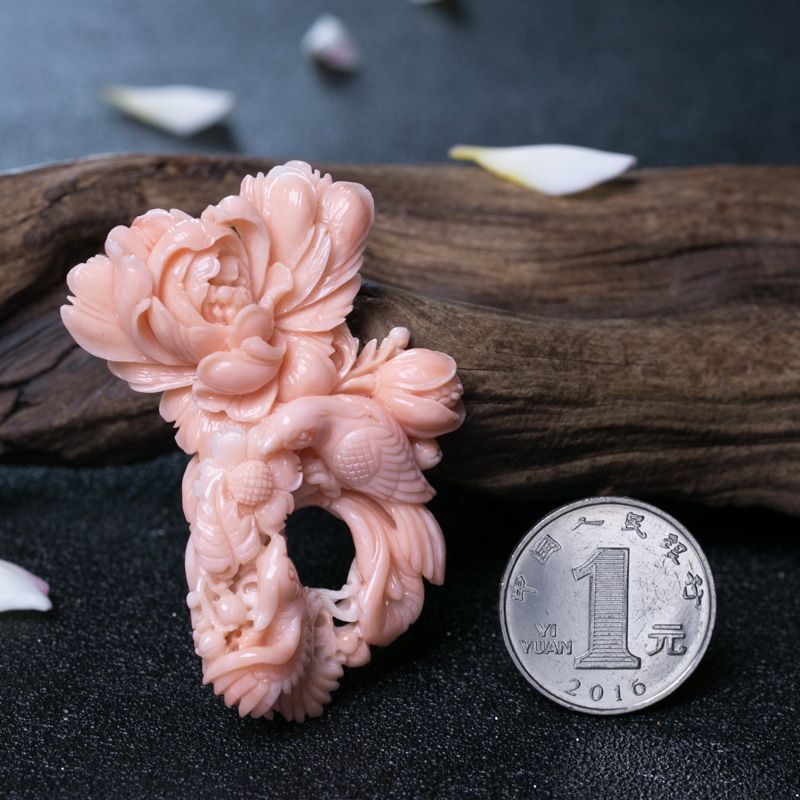 台湾深水珊瑚鸟语花香戒面-红掌柜