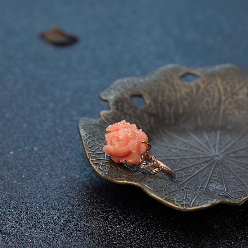 台湾天然深水珊瑚花戒指-红掌柜