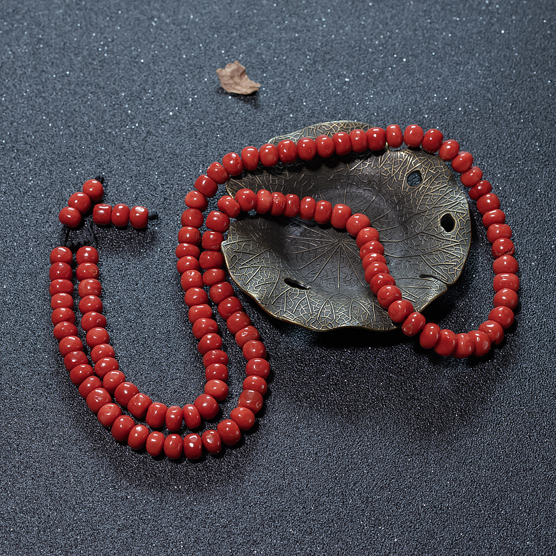 天然沙丁珊瑚鼓珠108佛珠-红掌柜