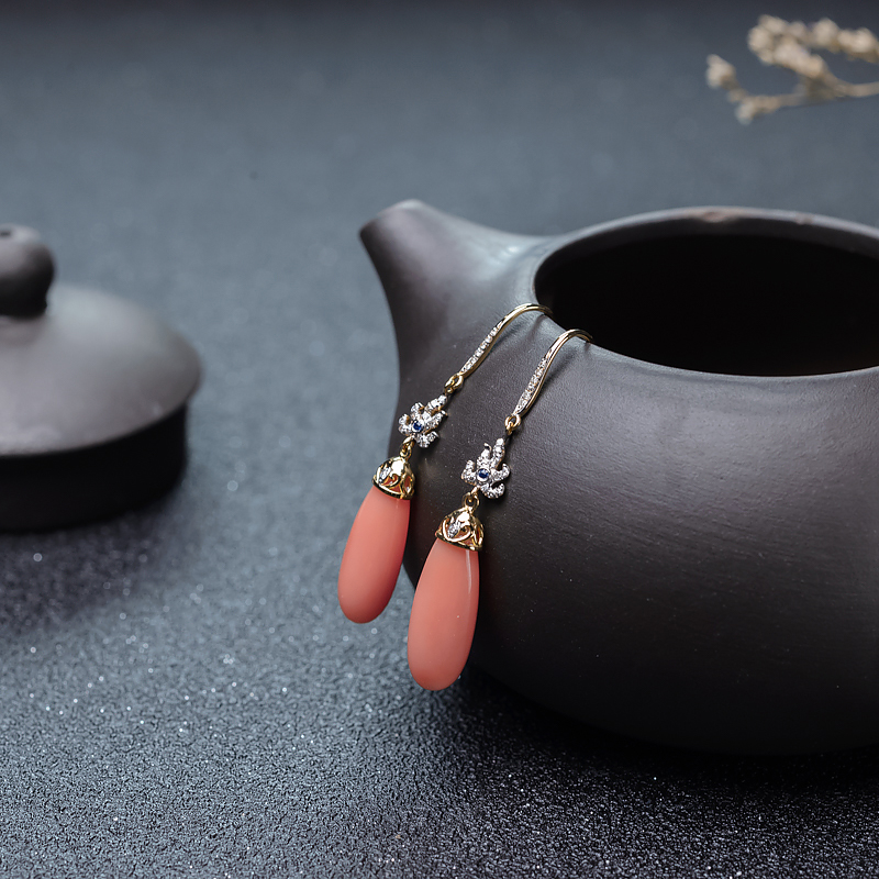 深水珊瑚水滴耳坠-红掌柜