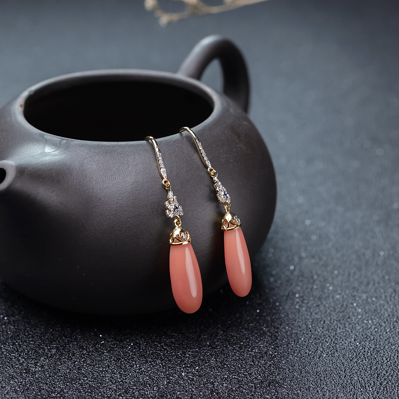 18K珊瑚水滴耳坠-红掌柜