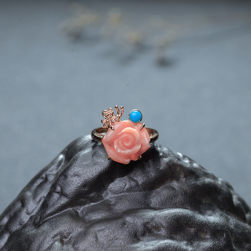 台湾天然深水珊瑚玫瑰花戒指-红掌柜