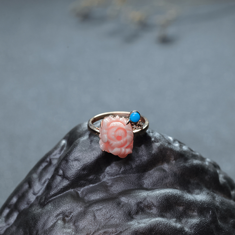 台湾天然深水珊瑚牡丹花戒指-红掌柜