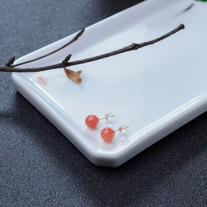 金镶深水粉色珊瑚圆珠耳钉-红掌柜