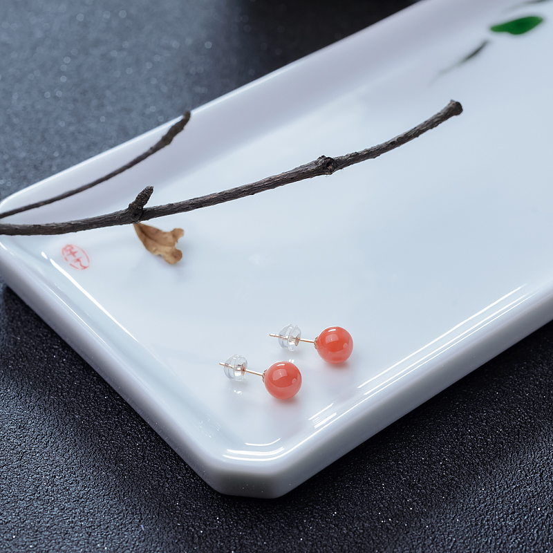 18K深水粉色珊瑚圆珠耳钉-红掌柜