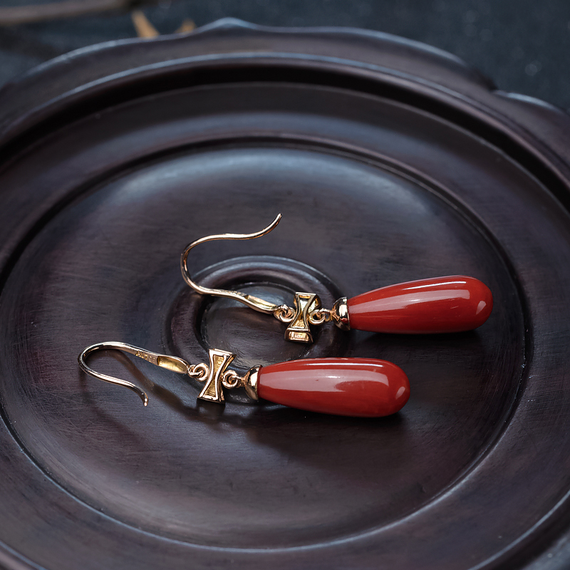 18K金镶钻珊瑚耳坠-红掌柜