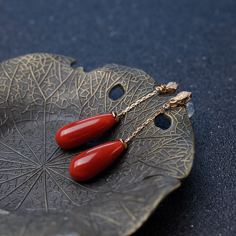 金镶钻沙丁珊瑚耳坠-红掌柜