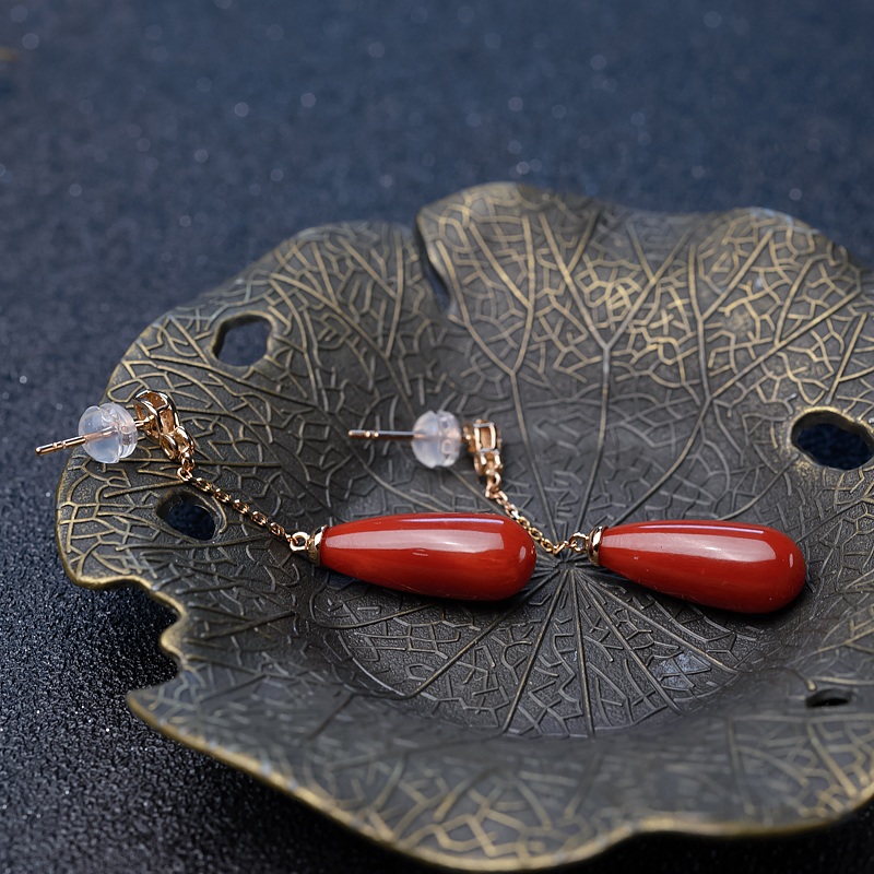 18K金镶钻珊瑚耳坠-红掌柜