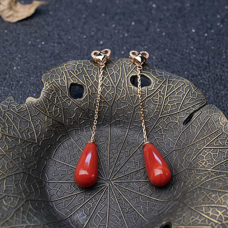 18K金镶钻沙丁珊瑚耳坠-红掌柜