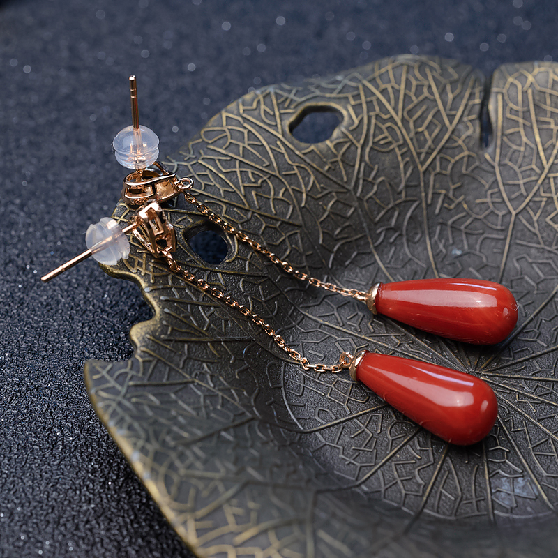 18K金镶钻珊瑚耳坠-红掌柜