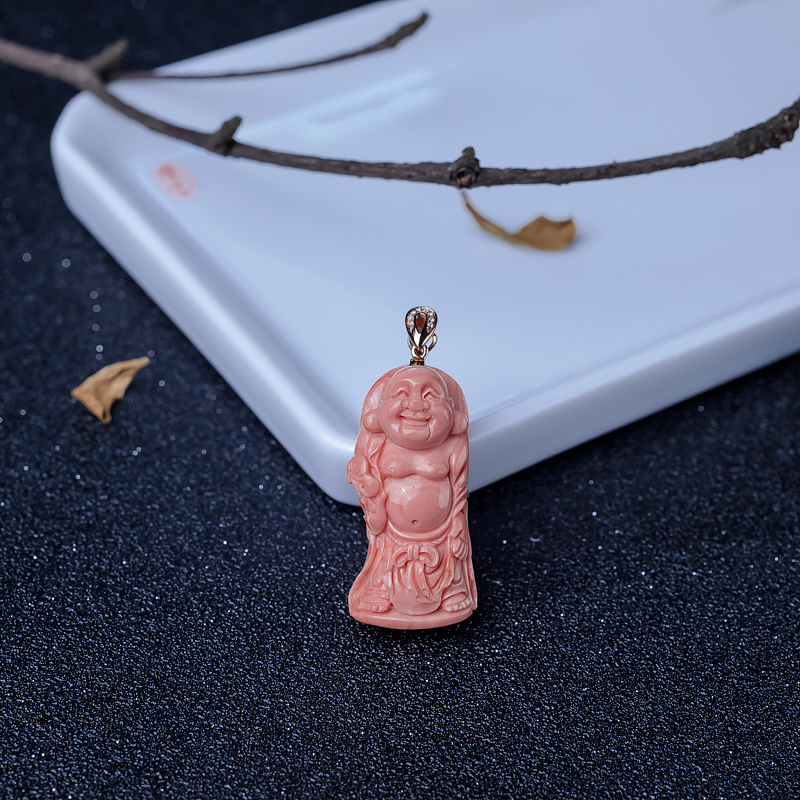 18K金镶钻MOMO橘色珊瑚弥勒佛吊坠-红掌柜