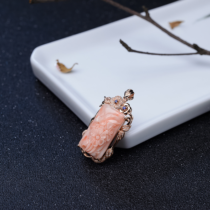 金镶钻深水粉色珊瑚吊坠-红掌柜