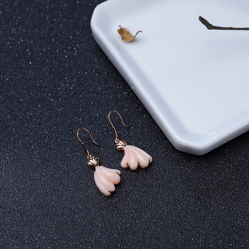 18K金镶MISU粉色珊瑚耳坠-红掌柜