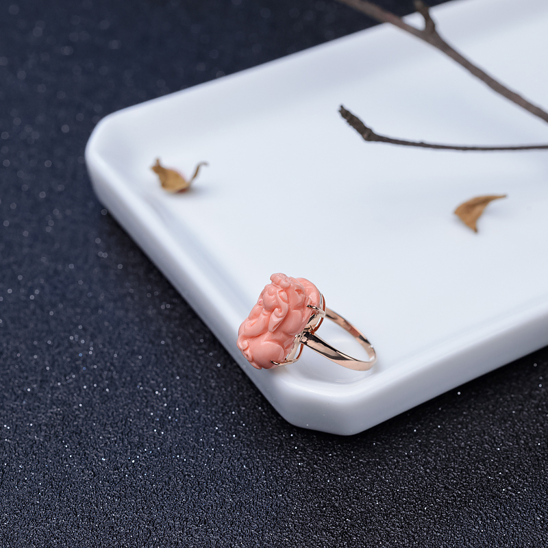 金镶深水粉色珊瑚貔貅戒指-红掌柜