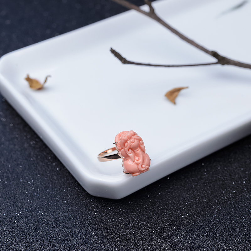 深水粉色珊瑚貔貅戒指-红掌柜