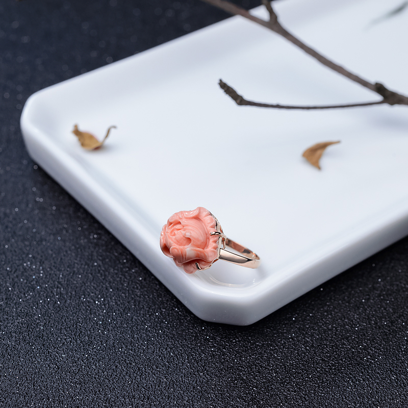 金镶深水粉色珊瑚花戒指-红掌柜