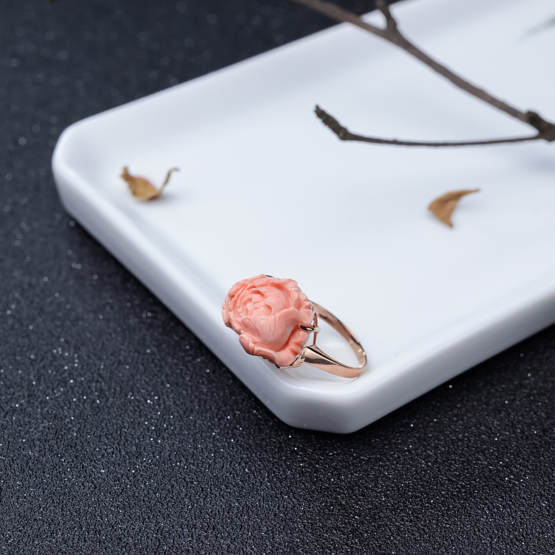 金镶深水粉色珊瑚花戒指-红掌柜