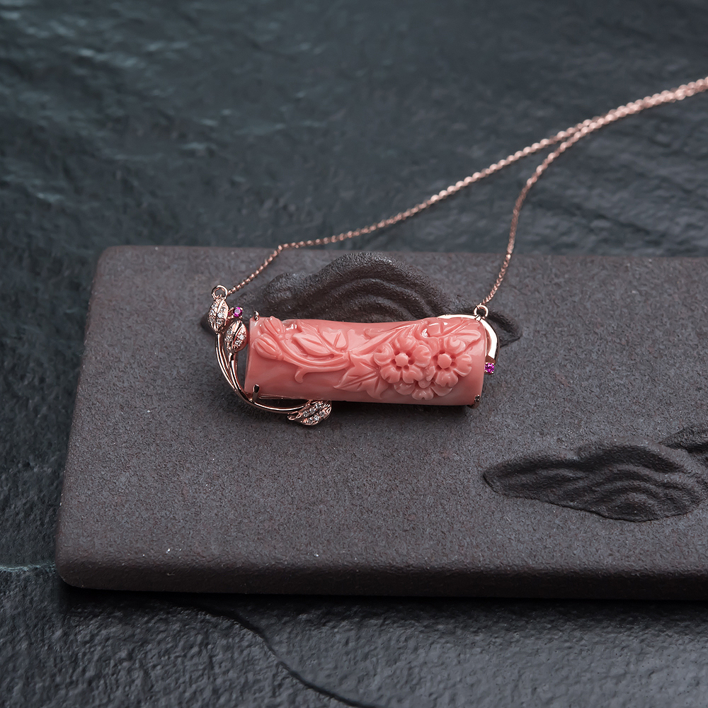 金镶钻深水粉红珊瑚雕花锁骨链-红掌柜