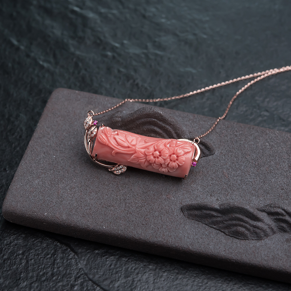 深水粉红珊瑚雕花锁骨链-红掌柜