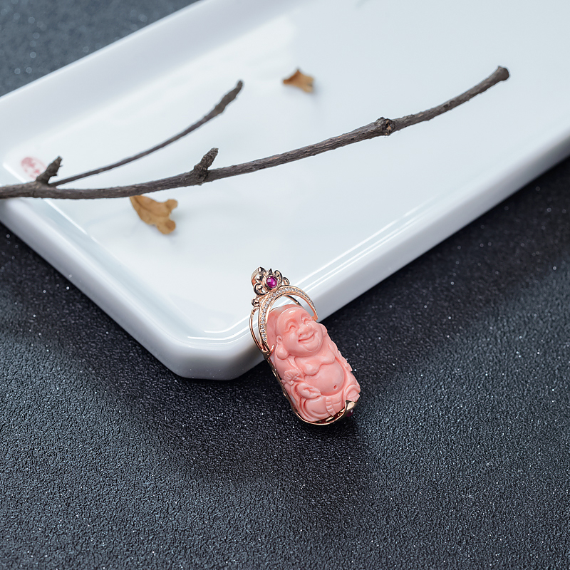 粉红珊瑚弥勒佛吊坠-红掌柜