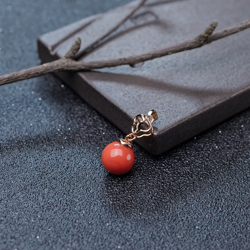金镶钻沙丁珊瑚圆珠吊坠-红掌柜