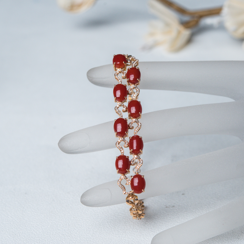 18K金镶钻阿卡珊瑚手链-红掌柜