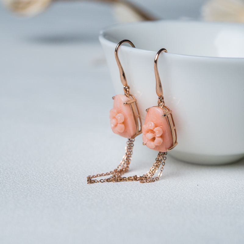 金镶深水珊瑚雕花耳坠-红掌柜