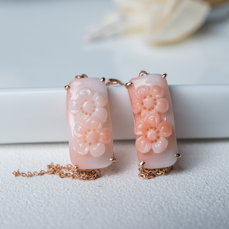 天然珊瑚雕花耳坠-红掌柜