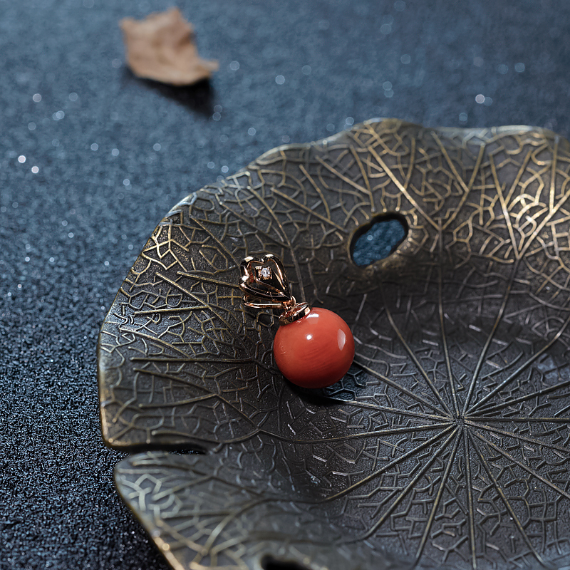 18K天然意大利珊瑚圆珠吊坠-红掌柜