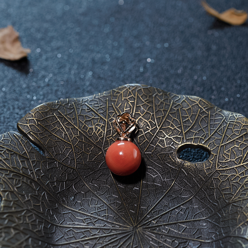 18K天然沙丁珊瑚圆珠吊坠-红掌柜