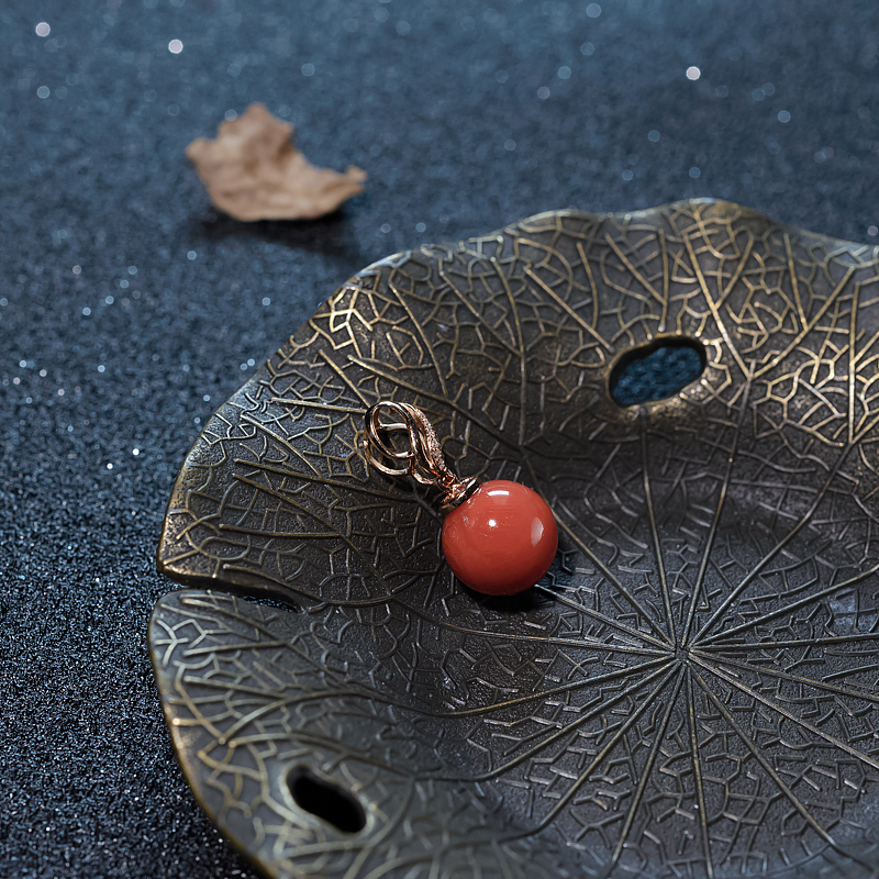 18K天然意大利珊瑚圆珠吊坠-红掌柜